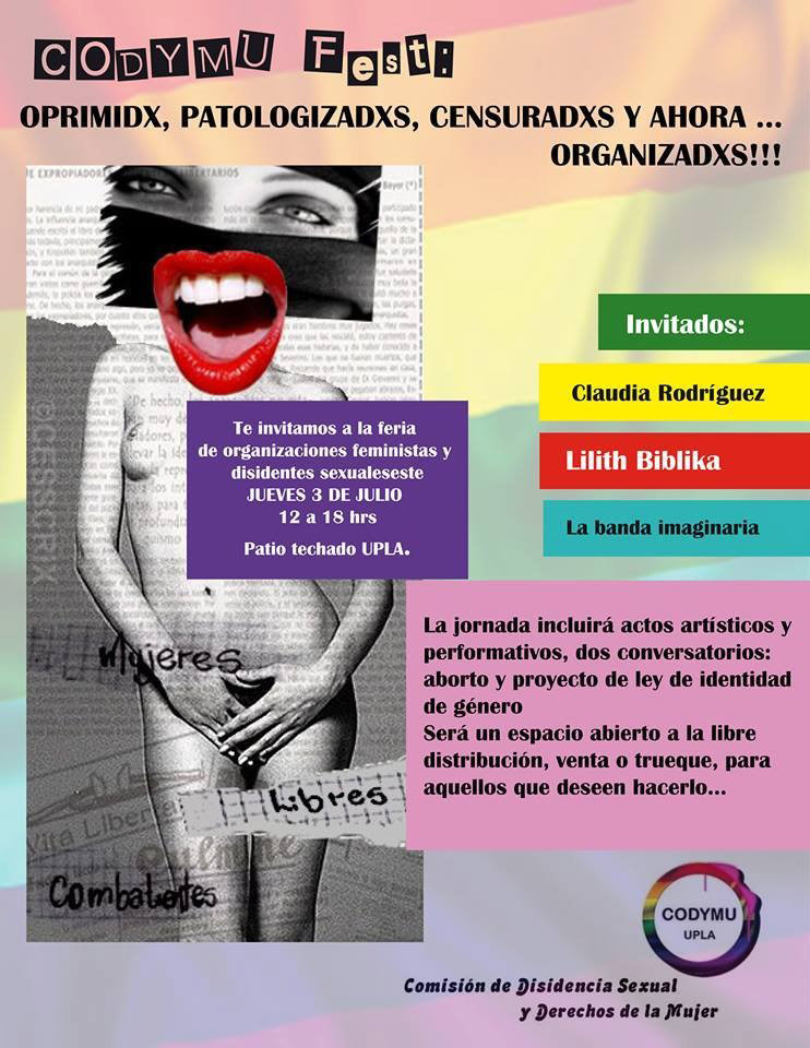 Afiche de convocatoria a la fiesta “CODYMU Fest, Oprimix, Patologizadxs, Censuradxs y ahora… Organizadxs”