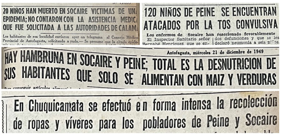 Muestra aleatoria de titulares publicados por el diario El Mercurio de Antofagasta entre diciembre de 1949 y enero de 1950.