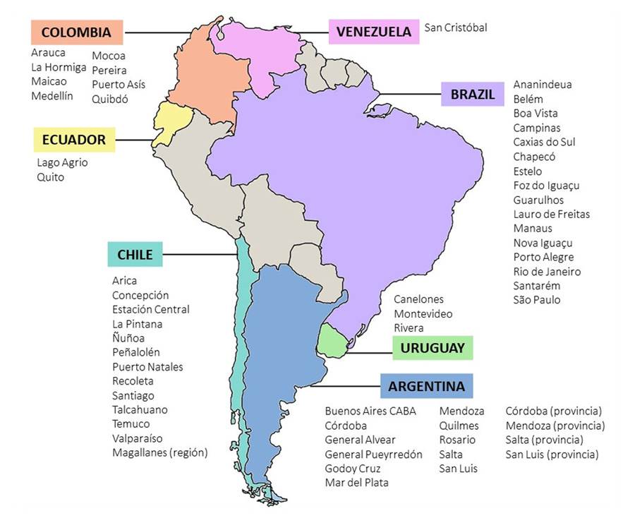 Ciudades, regiones y provincias miembros del programa “Ciudades Solidarias” en América del Sur al año 2023